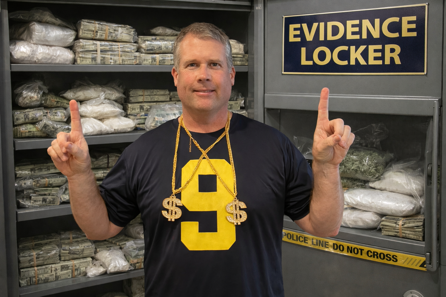A man standing in front of an evidence locker, wearing a black shirt with a large yellow number 9 and gold necklaces with dollar sign pendants. He is pointing upwards with both index fingers.