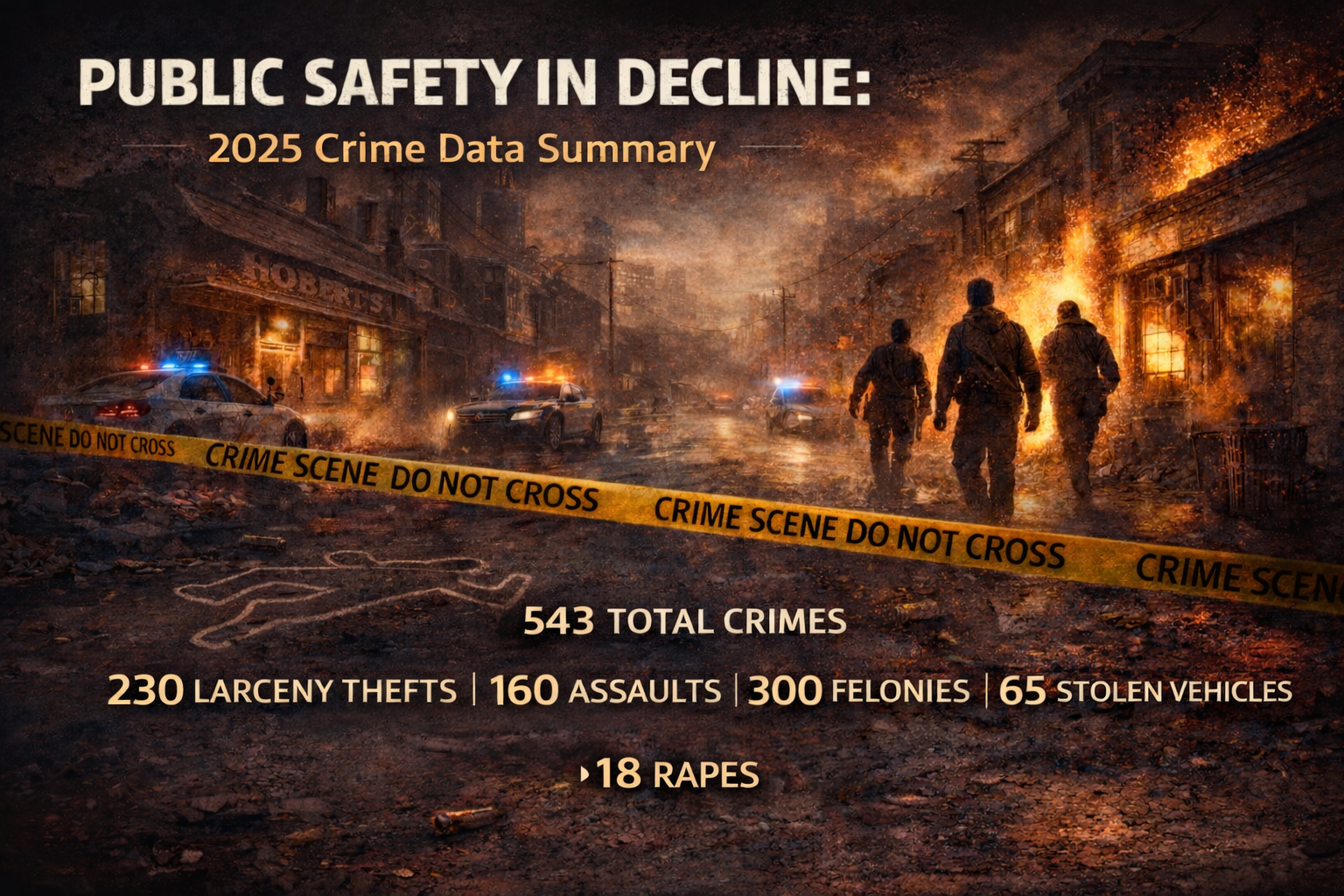 A city street in chaos with fire and smoke, police cars with flashing lights, emergency tape, and three people walking toward the destruction, illustrating a decline in public safety. Overlaid text reports 2025 crime data, totaling 543 crimes including larceny, assaults, felonies, stolen vehicles, and rapes.