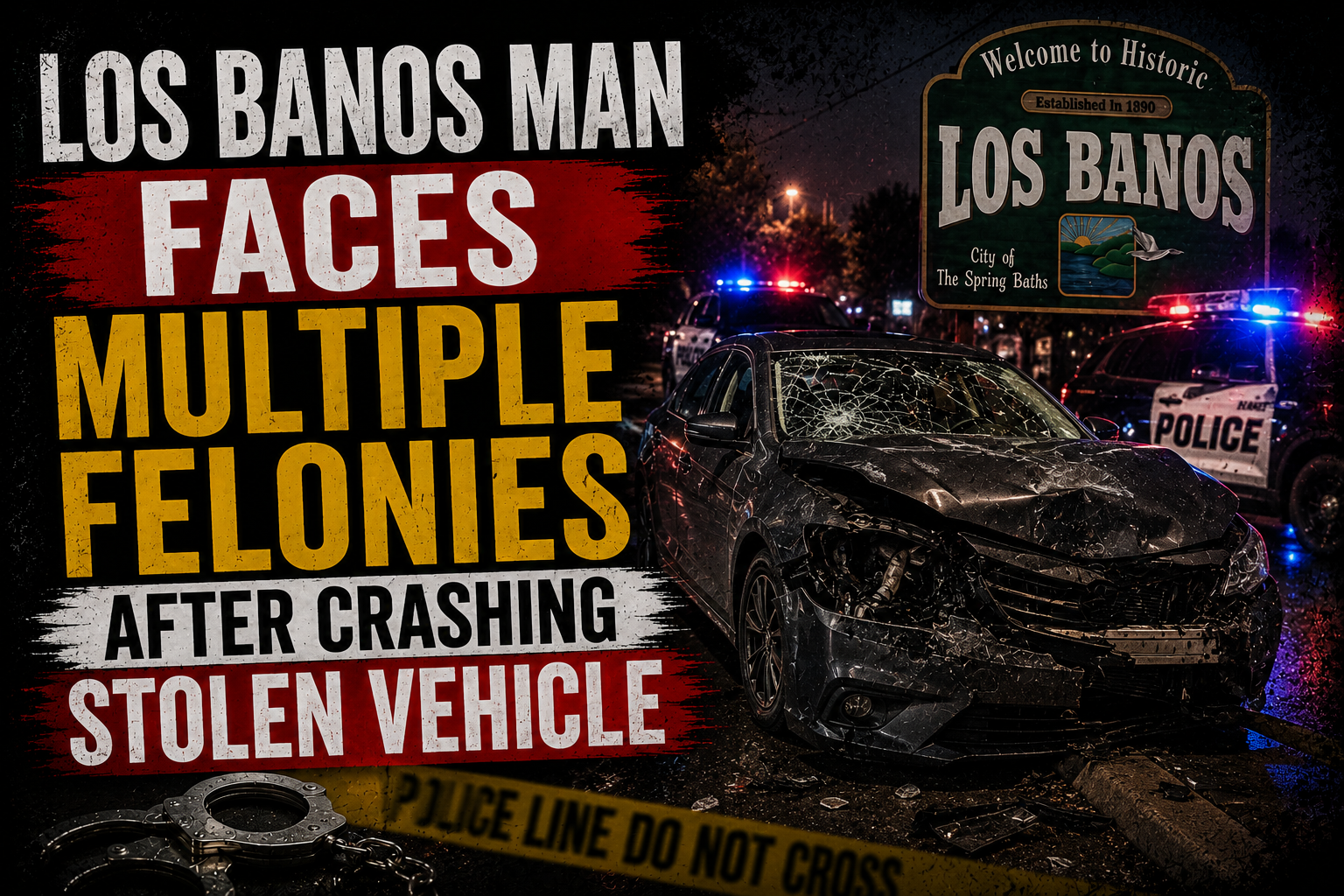 Los Banos Man Faces Multiple Felonies After Crashing Stolen Vehicle