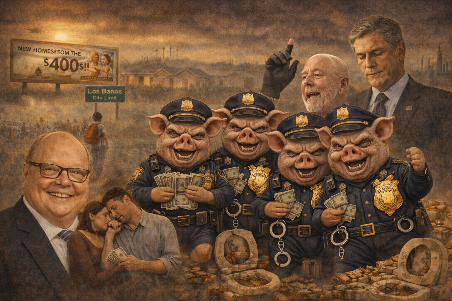 A satirical image featuring four pigs dressed as police officers holding money, surrounded by two smiling humans, with a background of a billboard advertising new homes, and a mysterious man with gray hair and a serious expression. The scene appears chaotic with smoke and a cityscape in the distance.