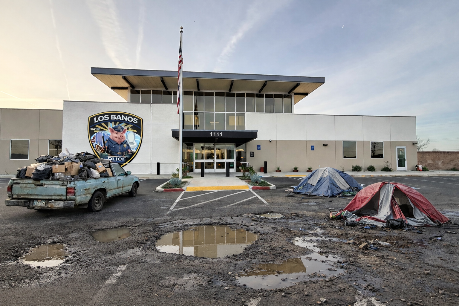 A police station with a large Los Banos Police badge on the wall, a rusty pickup truck filled with bags, and two tents pitched in the parking lot with muddy puddles in the foreground.
