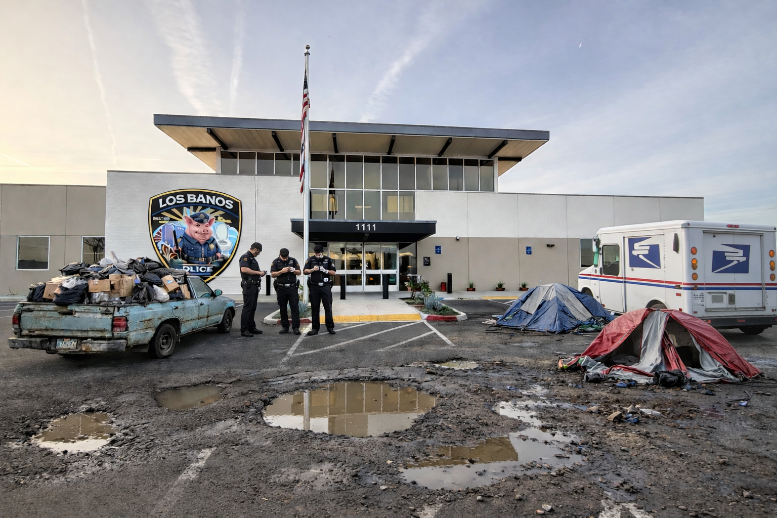 Three police officers standing in front of Los Banos police station, with tents and a injured vintage car in the parking lot, and an emergency vehicle nearby.
