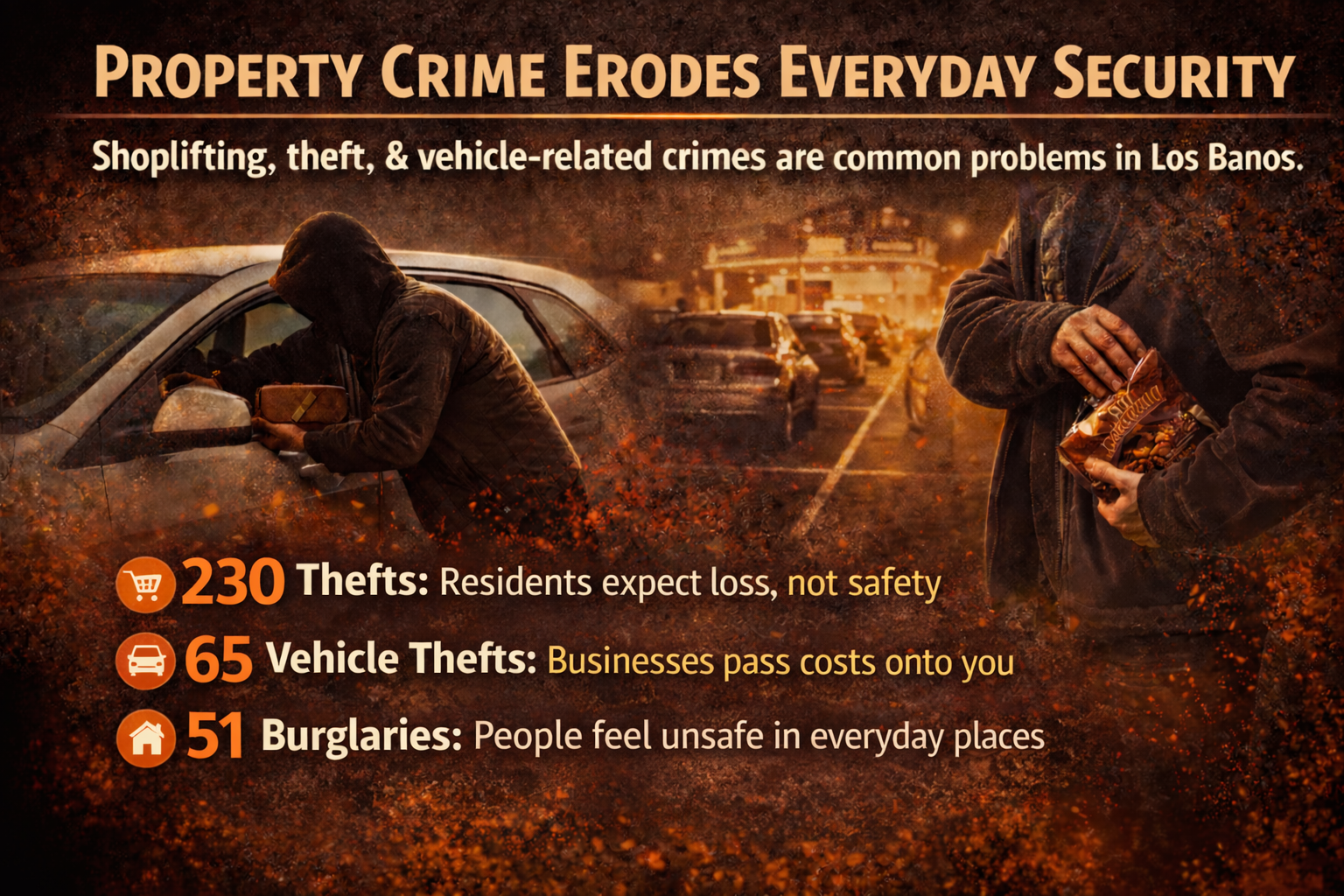 A man wearing a hoodie and mask attempting to steal from a car in a parking lot at night. Text overlays highlight property crimes in Los Banos, including 230 thefts, 65 vehicle thefts, and 51 burglaries.