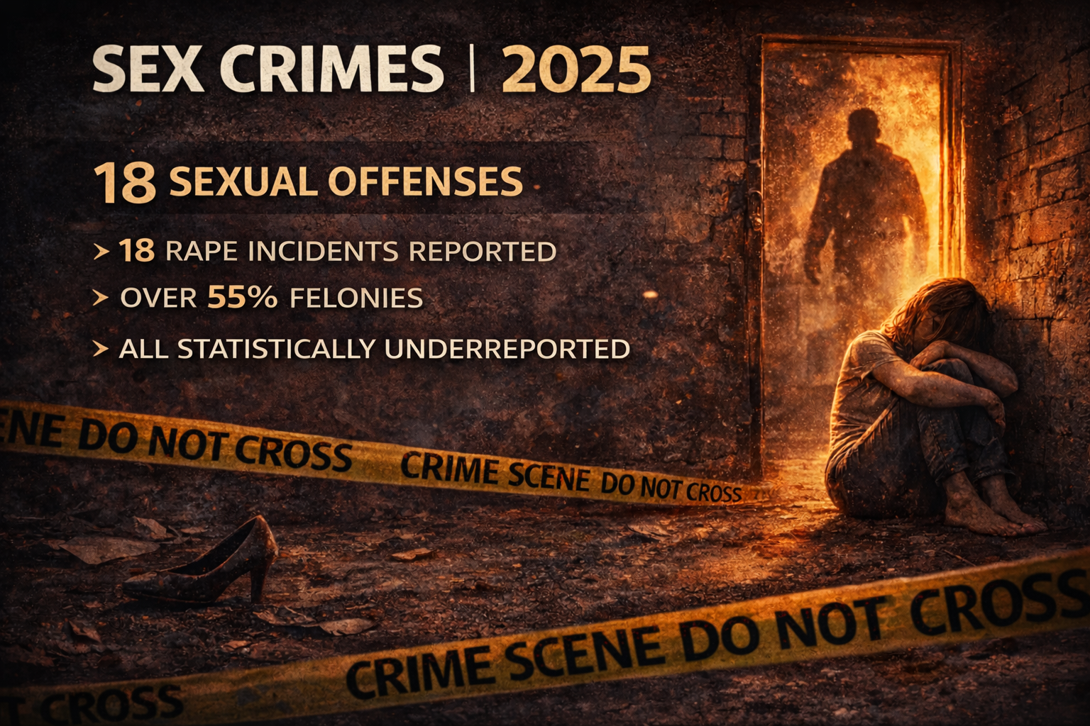 A dark, gritty scene showing a young girl sitting on the ground with her arms around her knees in a corner of a damaged wall, with a doorway behind her glowing with fire and smoke. Crime scene tape reading 'CRIME SCENE DO NOT CROSS' is spread across the scene. The text on the image discusses sex crimes reported in 2025, including 18 rapes, over 55% felonies, and indicates that all are statistically underreported.