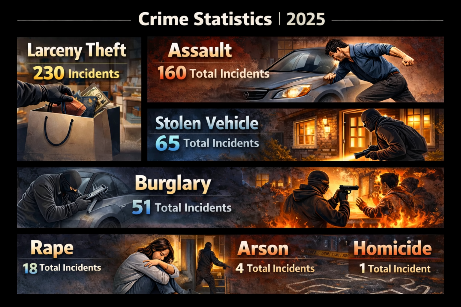 Infographic displaying crime statistics for 2025, including incidents of larceny theft (230), assault (160), stolen vehicle (65), burglary (51), rape (18), arson (4), and homicide (1). Each category is illustrated with relevant images of criminal activity.