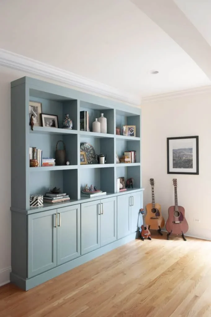 Farrow &amp; Ball Oval Room Blue on the custom built-in at the Byron House.
