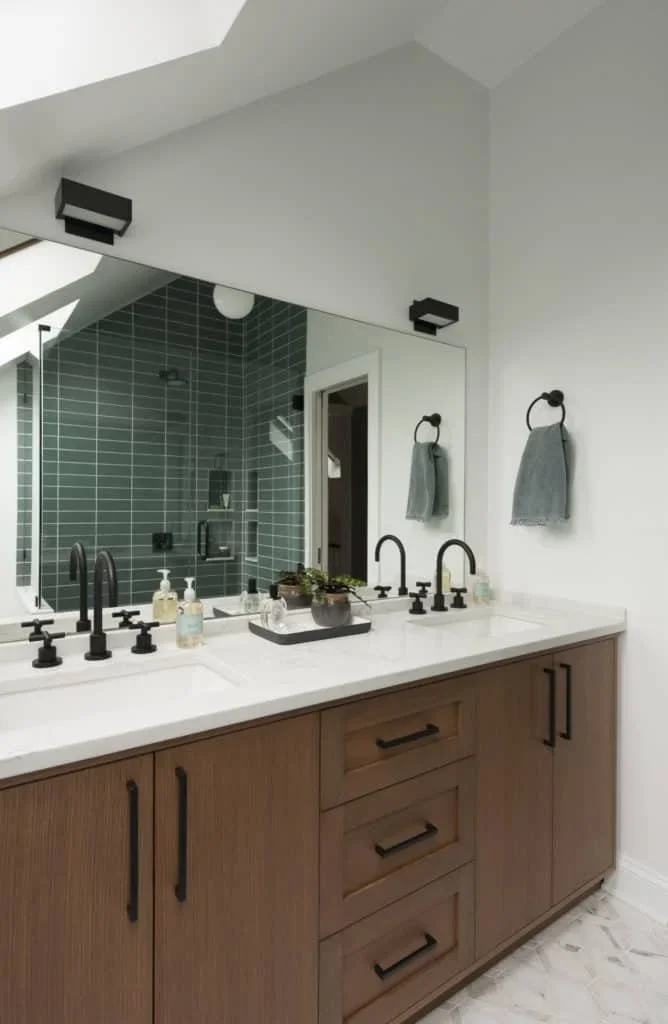 BM Decorator’s White on master bathroom walls. Chantilly Lace on ceiling and trim.