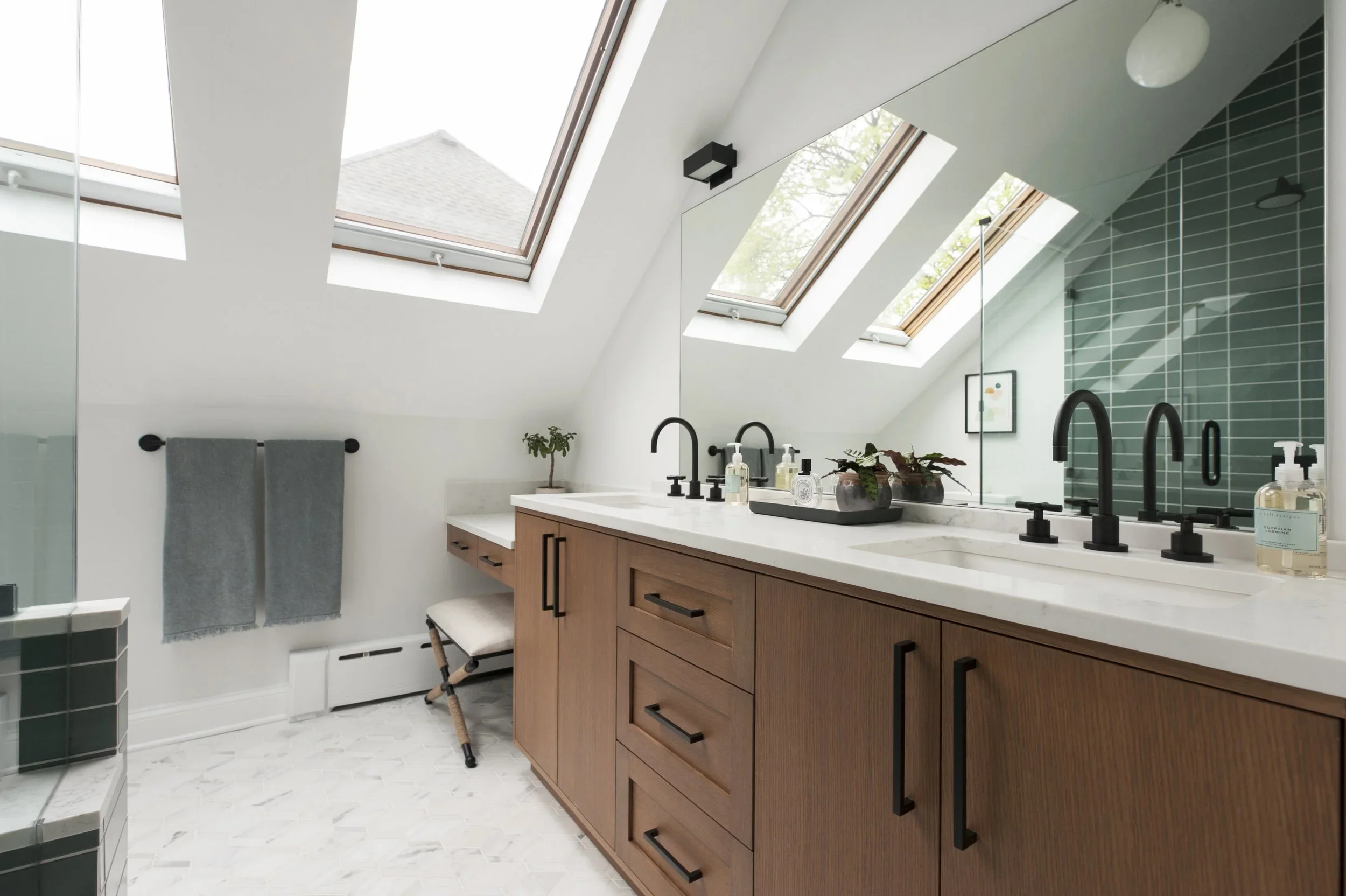 Luxury interior designed primary bathroom.