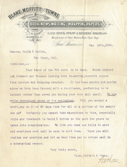 A "Past Due" notice letter to a Blake, Moffitt and Towne customer.