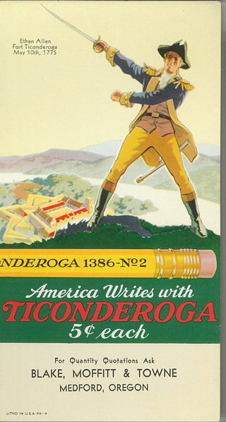 Package for Ticonderoga pencils manufactured by Blake, Moffit, and Towne.