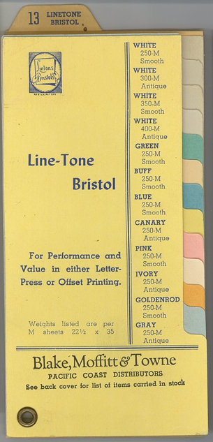 Various paper and card stock samples manufactured by Blake, Moffit, and Towne.