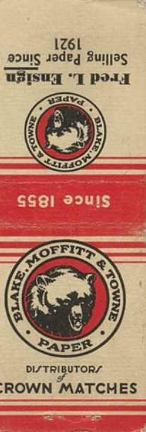 A matchbook manufactured by Blake, Moffit, and Towne.