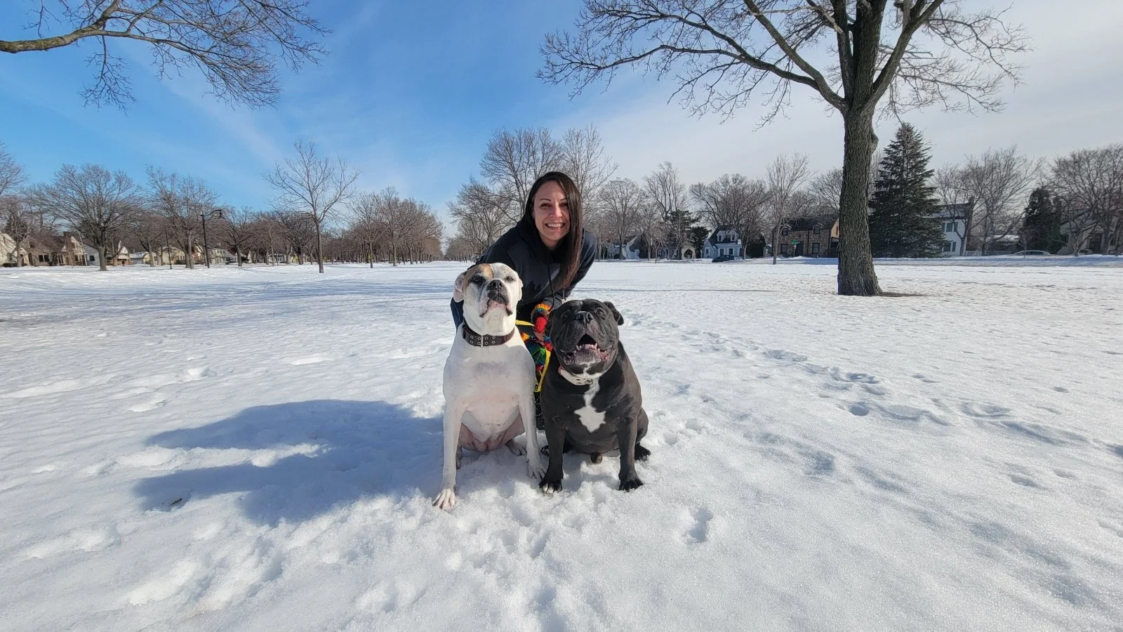 A woman therapist, smiling in winter with two dogs sitting on snow-covered ground in a park, with leafless trees and houses in the background.