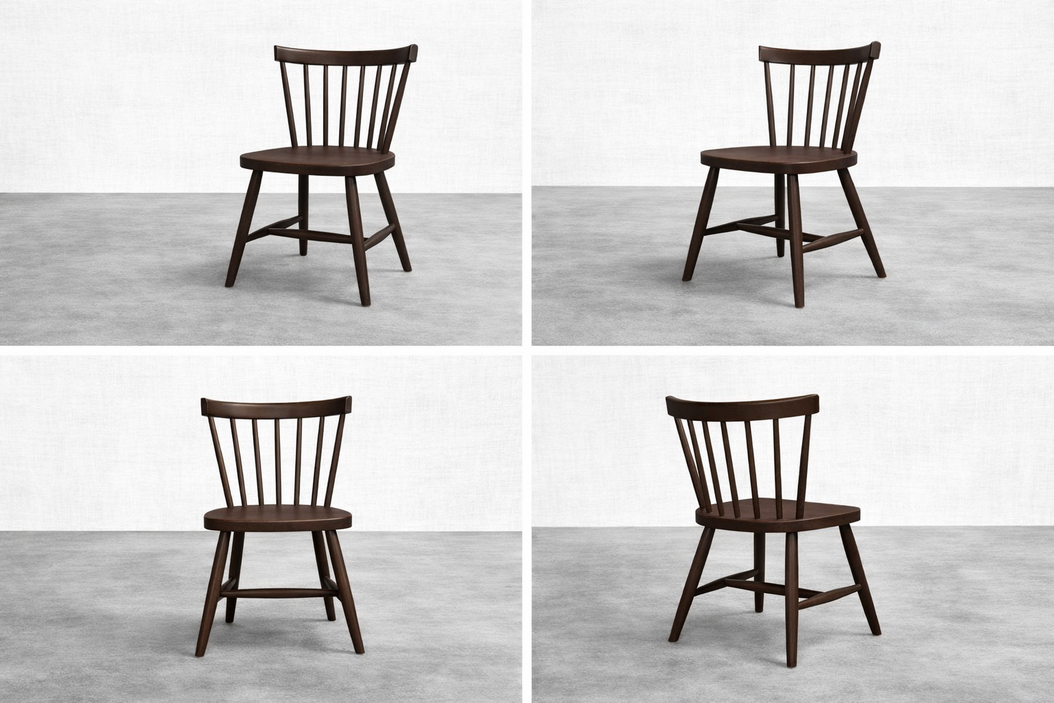 Set of four dark brown wooden chairs with spindle backs, shown from different angles against a light background and gray floor.