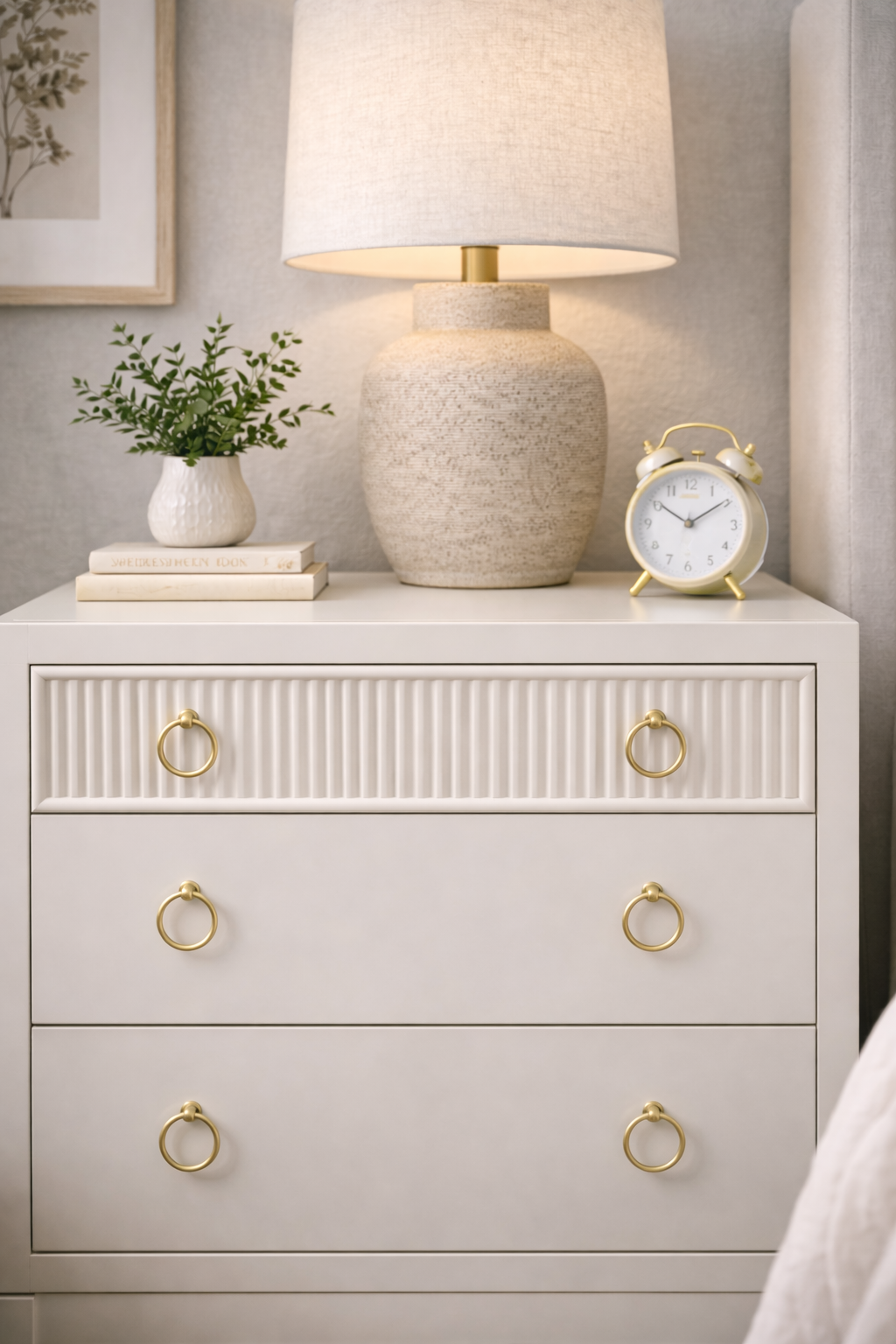 A white bedside table with gold ring drawer pulls, topped with a beige table lamp, a white alarm clock, a small white pot with green plant, and a couple of books, against a light-colored wall.