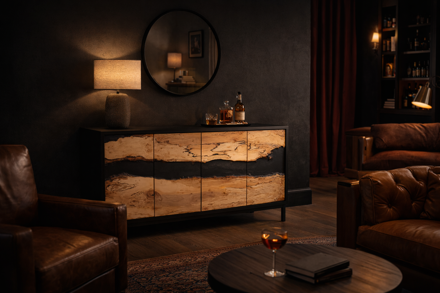 A cozy, dimly lit living room with a modern sideboard featuring a wood grain design, a table lamp, and bottles of liquor on top; a wall mirror reflecting the lamp, a leather armchair, a round coffee table with a glass of dark beverage and books, and a background with a bookshelf and dark curtains.