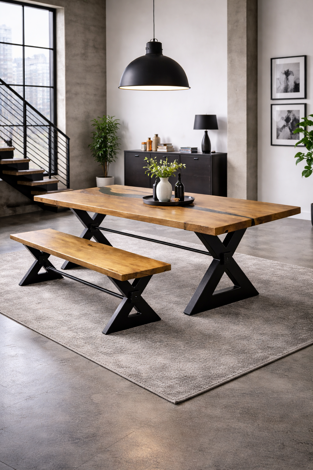 Modern dining room with a wooden table and bench on a gray area rug, black pendant light, black sideboard, black lamp, artworks, and potted plants, large window with city view, concrete floors and walls.