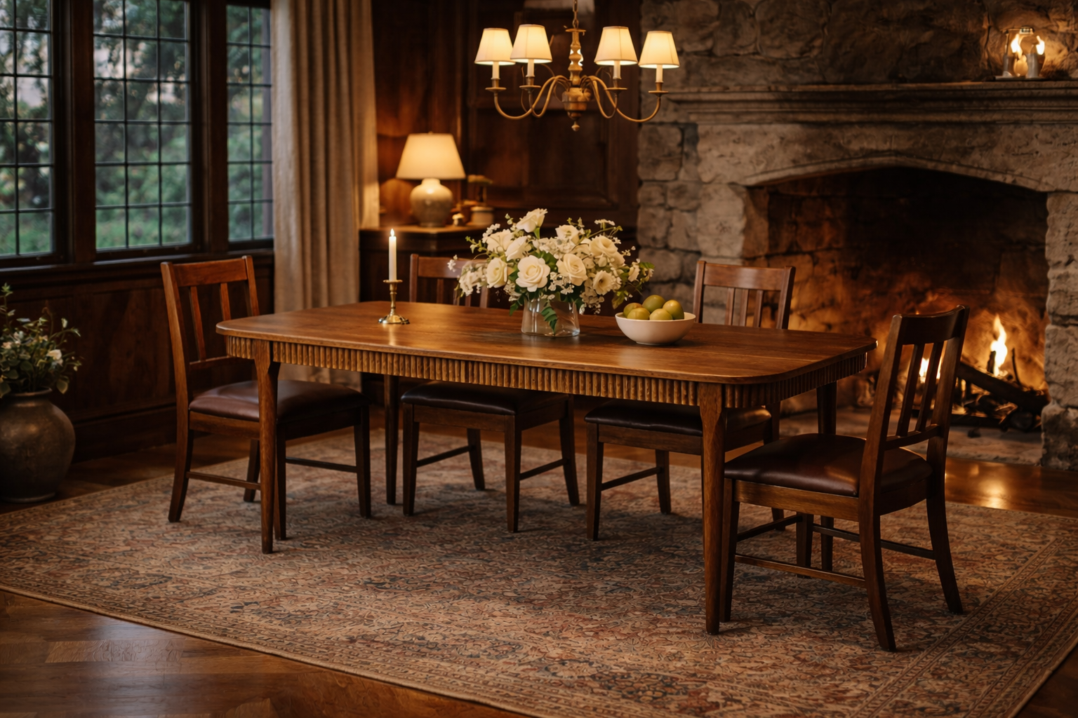 A cozy dining room featuring a wooden table set with a floral centerpiece, a lit candle, and a bowl of green apples. The room has a stone fireplace, large windows with curtains, and warm lighting from lamps and a chandelier, with an ornate area rug on the wooden floor.