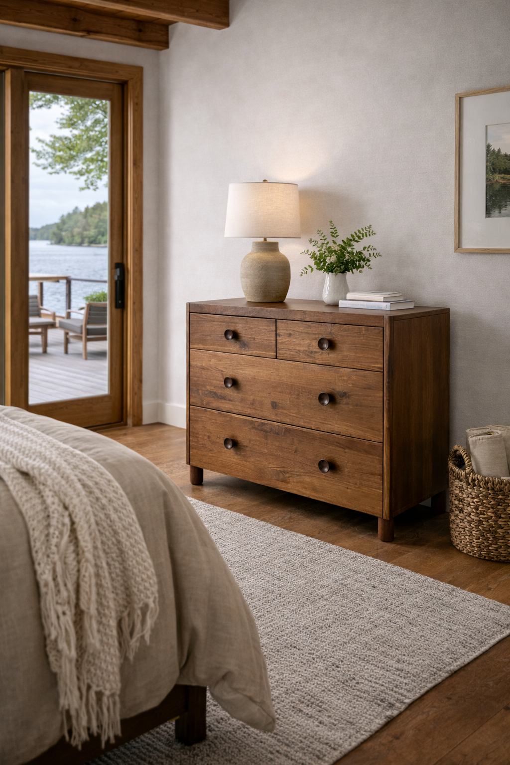 View of a bedroom with a wooden dresser in walnut