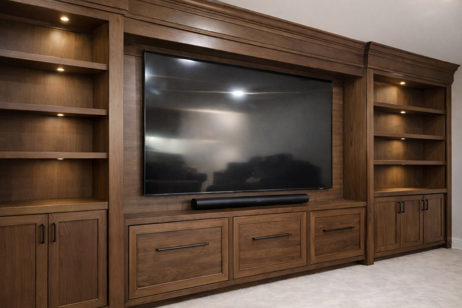 A large flat-screen TV mounted on a wooden entertainment center with shelves and cabinets, and a soundbar beneath the TV.