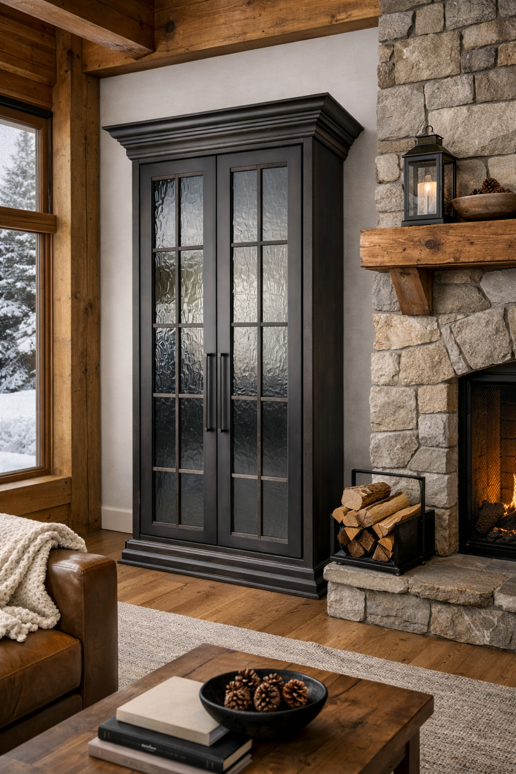 Black wooden cabinet with glass paneled doors in a cozy living room near a stone fireplace and a window showing snowy outdoors.