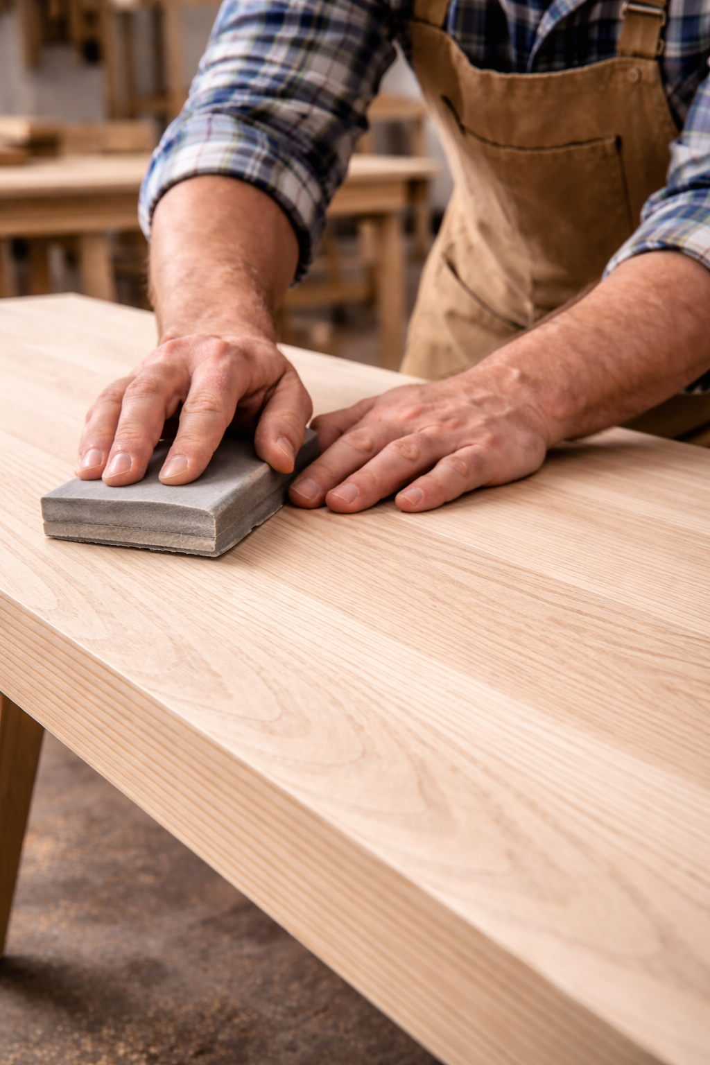 A person smoothing a wooden tabletop with a gray sanding block in a woodworking shop.