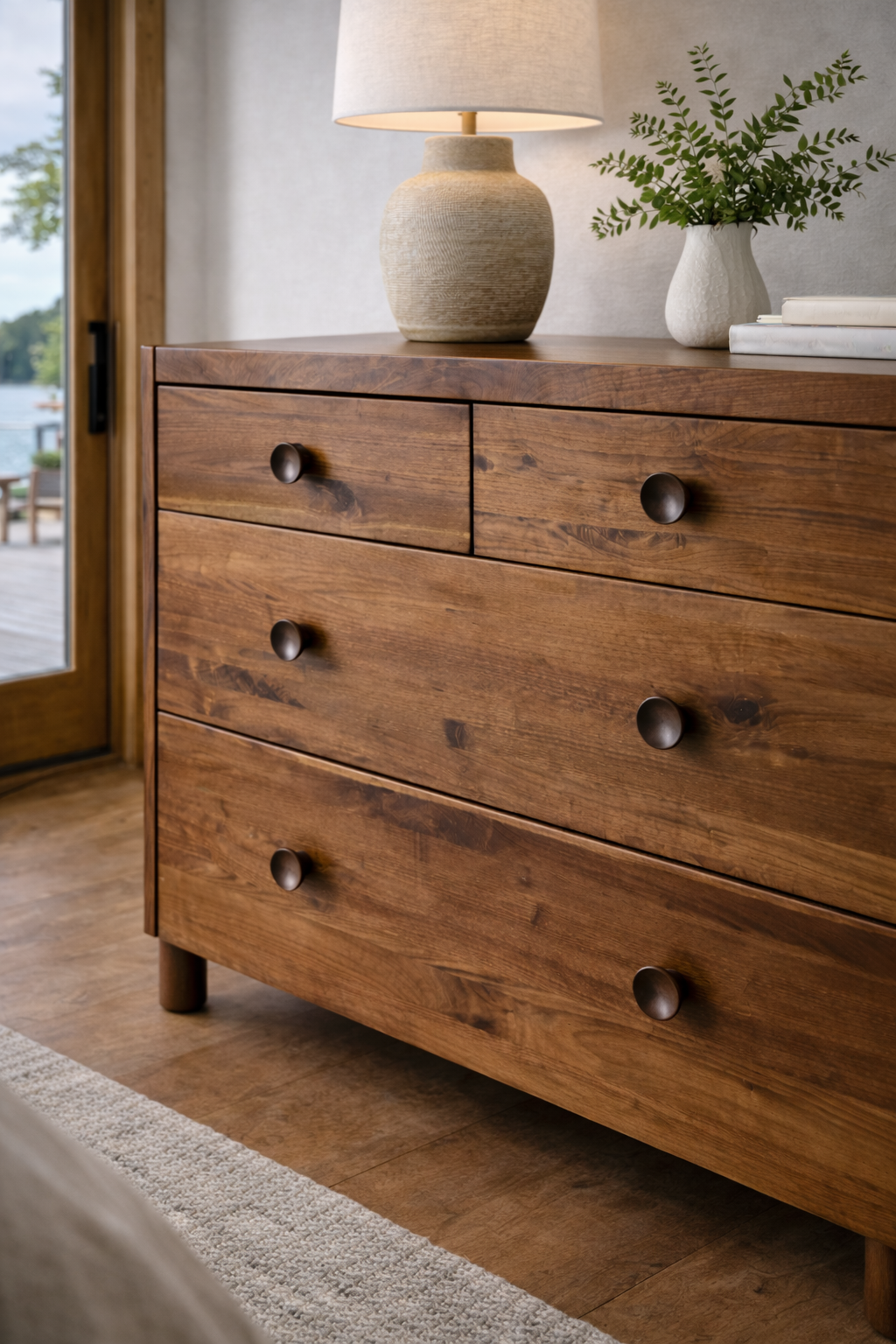 A wooden walnut dresser