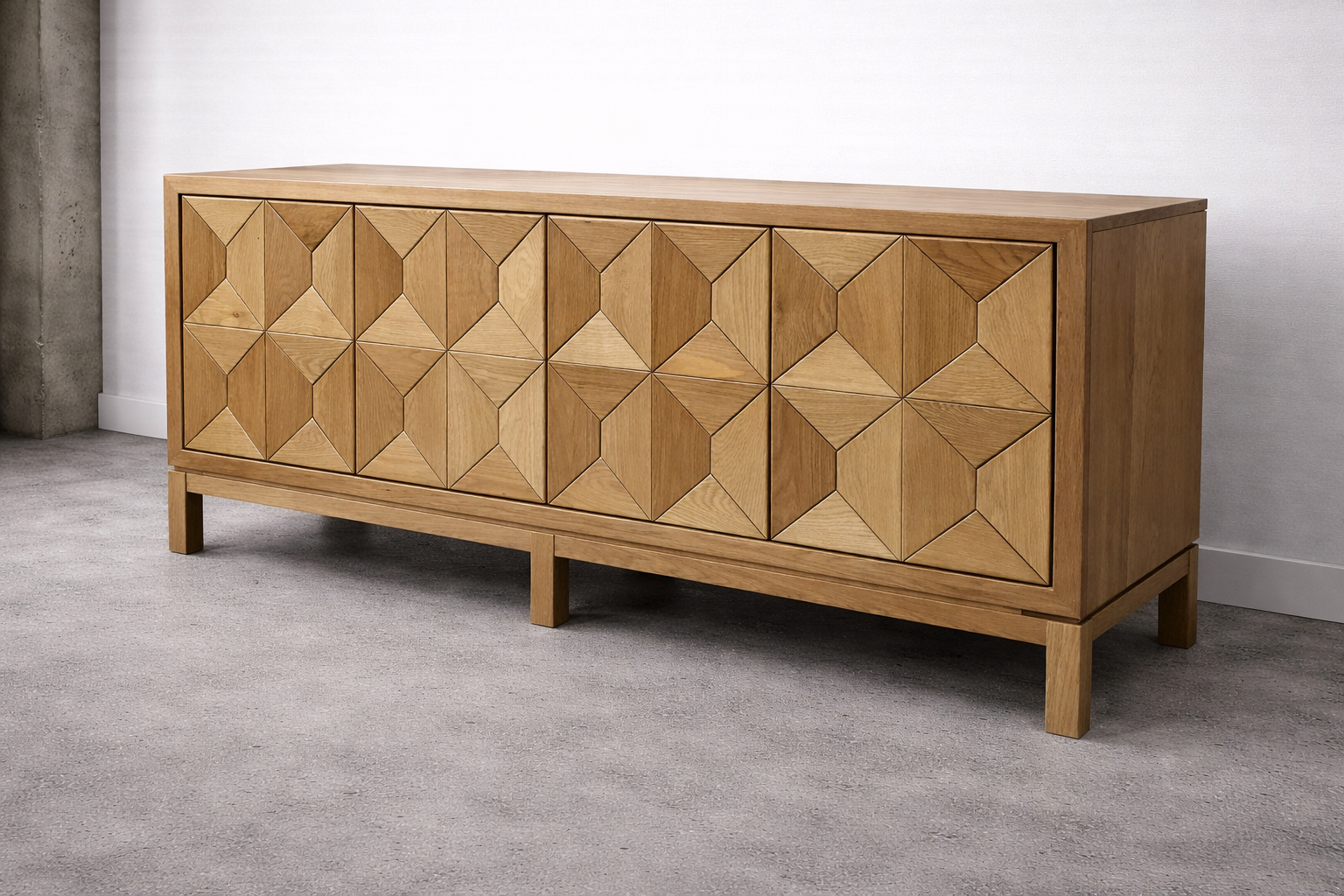 Wooden sideboard with geometric diamond pattern on the doors, standing on four legs in a modern interior.