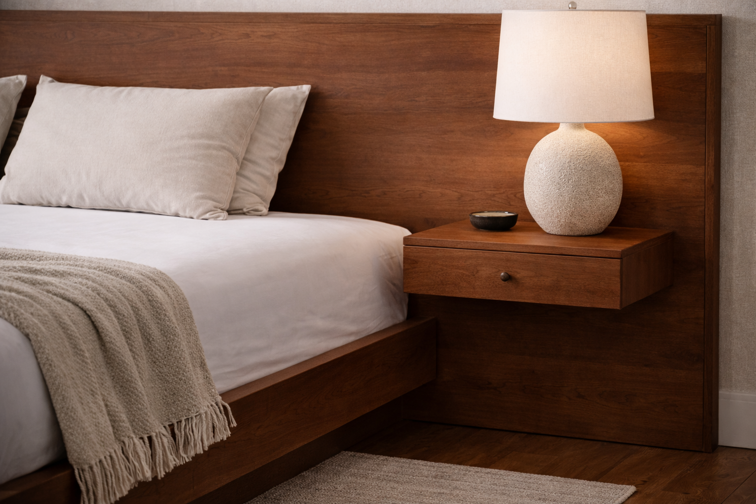 Close-up view of a bedroom with a wooden headboard with floating bedside tables