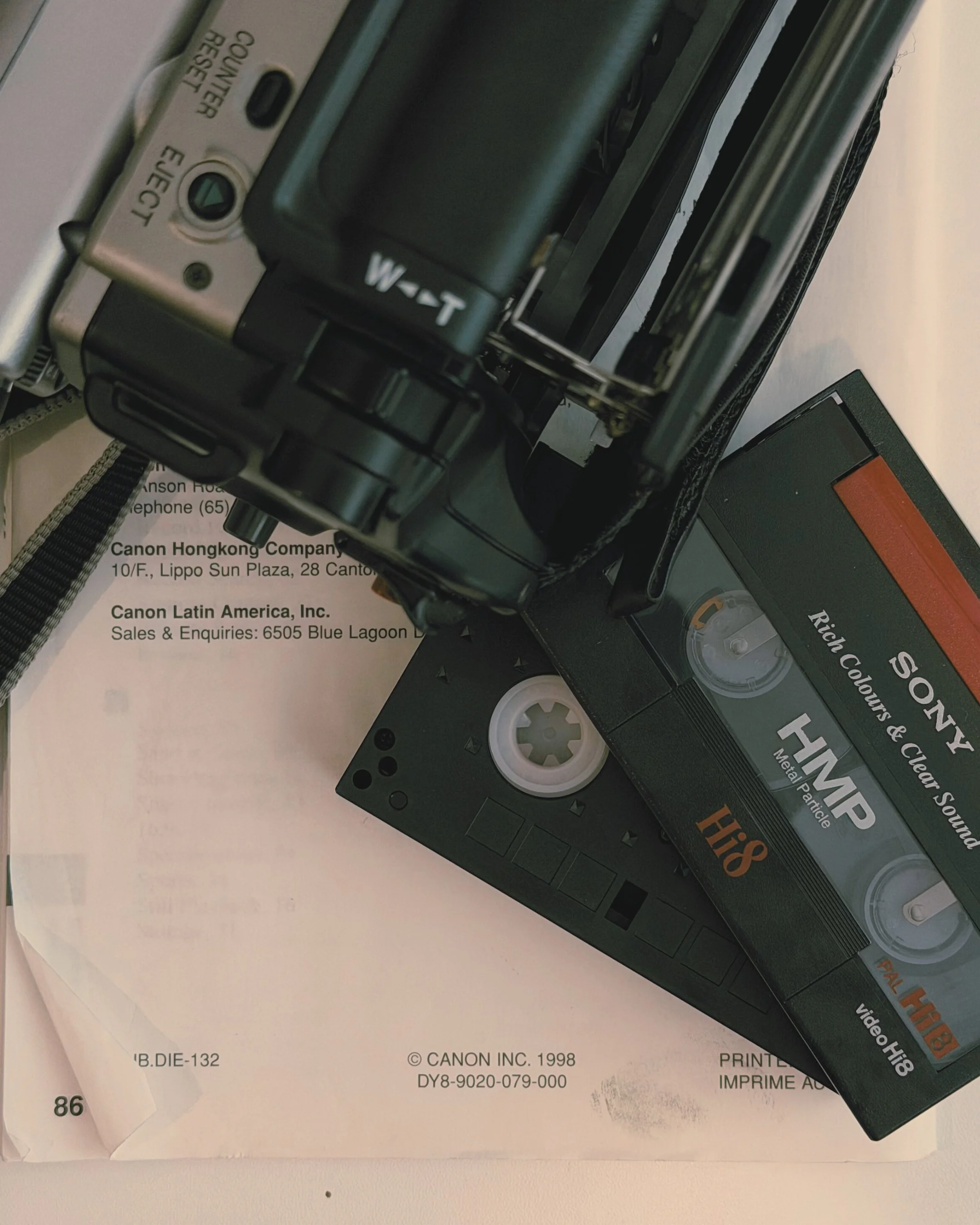 90s camcorder and cassette tapes flatlay