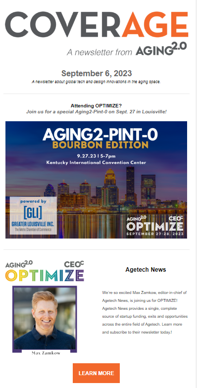 CoverAGE newsletter from Aging2.0 promoting the Aging2-Pint-0 event and OPTIMIZE conference