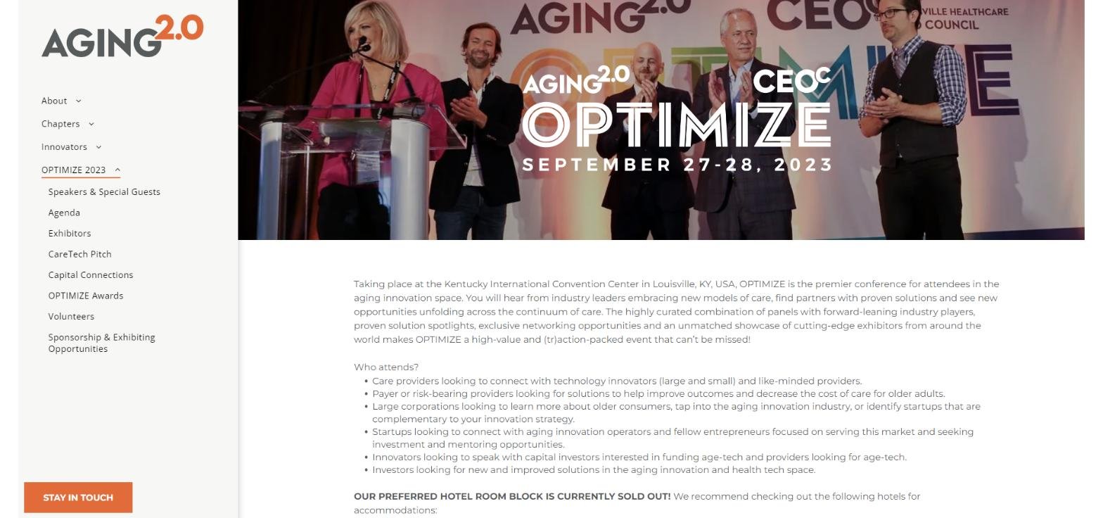Screenshot of the Aging2.0 website homepage promoting the OPTIMIZE conference