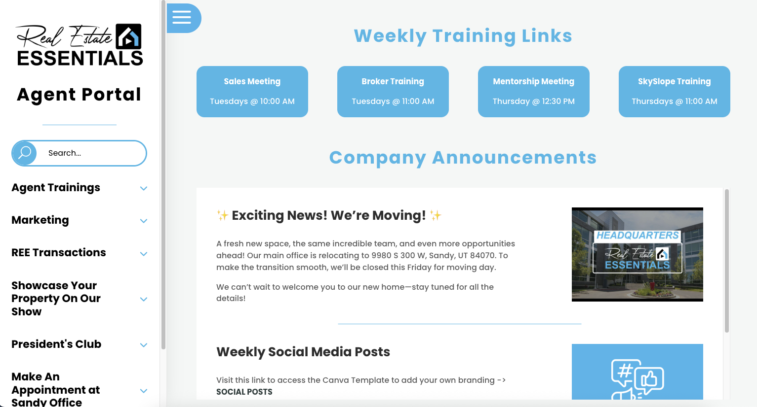 Screenshot of the Real Estate Essentials Agent Portal dashboard showing weekly training links and company announcements