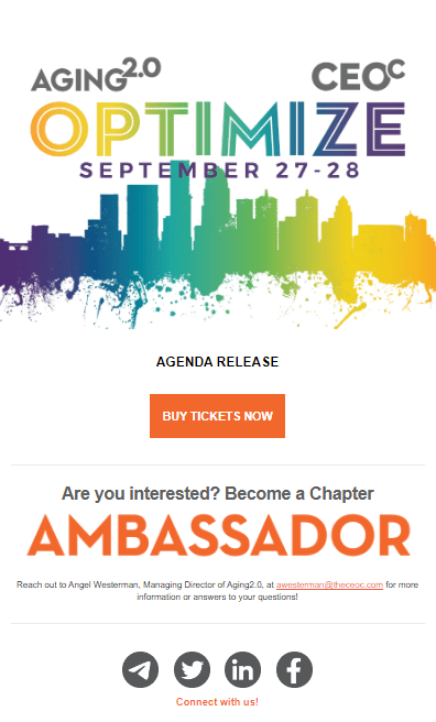 OPTIMIZE conference agenda release graphic inviting attendees to become a chapter ambassador