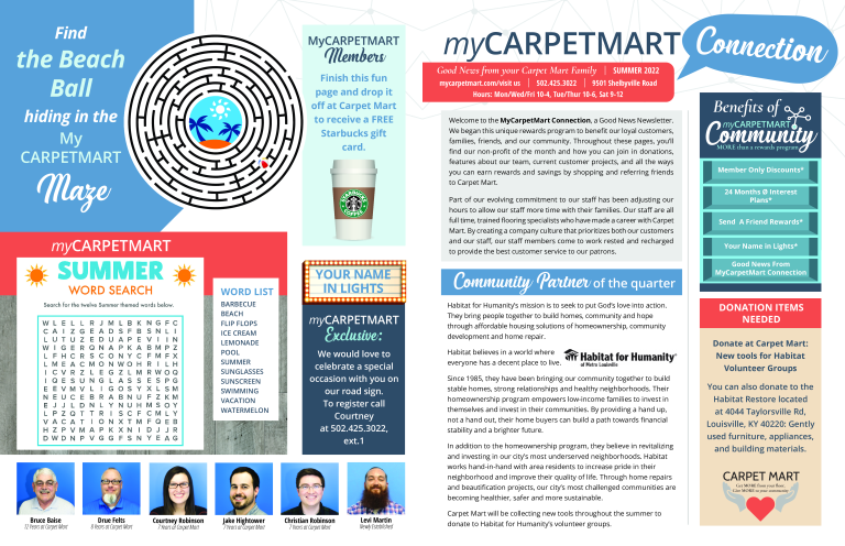 myCarpetMart Connection community newsletter featuring a summer maze, word search, and customer perks