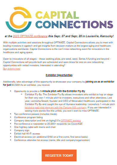 Capital Connections flyer promoting exhibitor opportunities at the OPTIMIZE conference