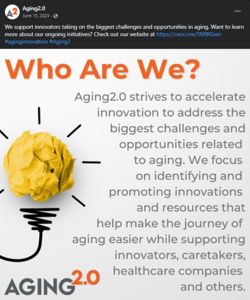 Aging2.0 social media graphic explaining the organization's mission to accelerate innovation in aging