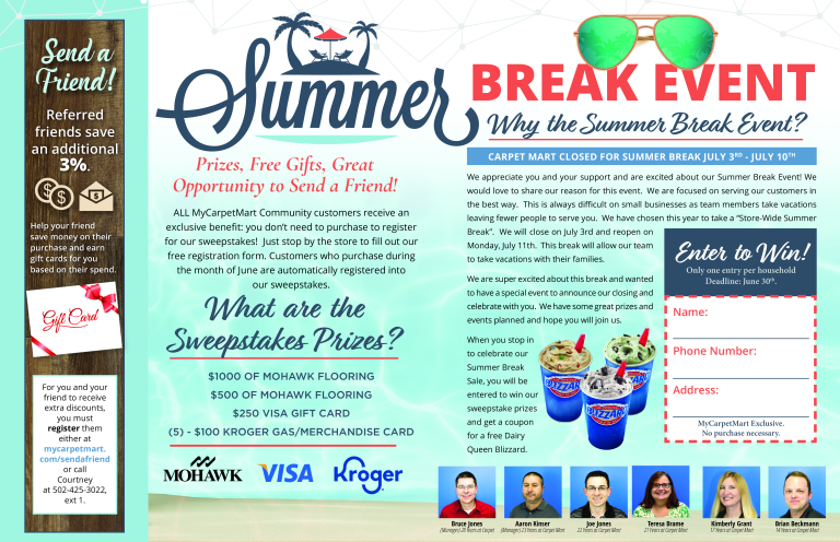 Carpet Mart Summer Break Event promotional flyer with referral discounts and sweepstakes details