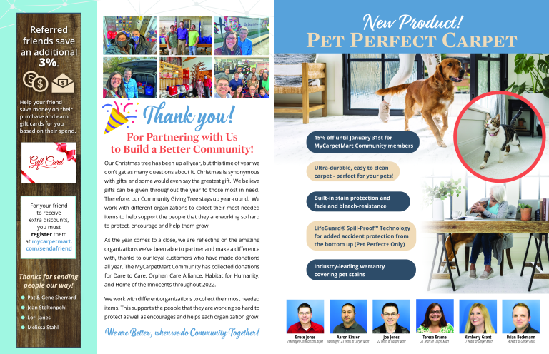 Carpet Mart thank you newsletter announcing the new Pet Perfect Carpet product and community partnership
