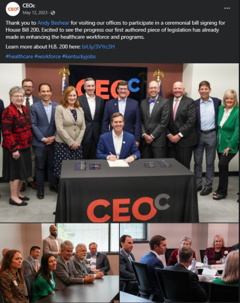CEOc social media post about the ceremonial bill signing of House Bill 200 with healthcare workforce leaders