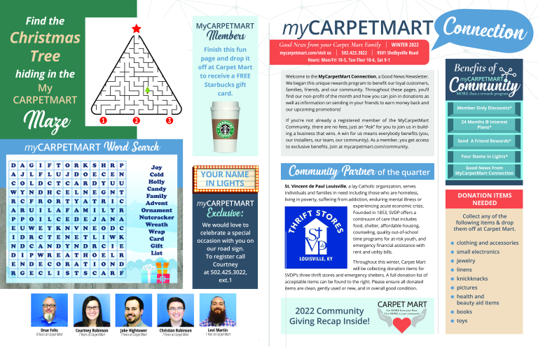 myCarpetMart Connection winter newsletter with a Christmas tree maze, word search, and community giving recap