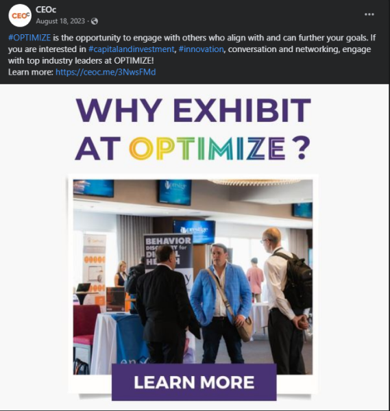 CEOc social media graphic promoting exhibiting at the OPTIMIZE conference