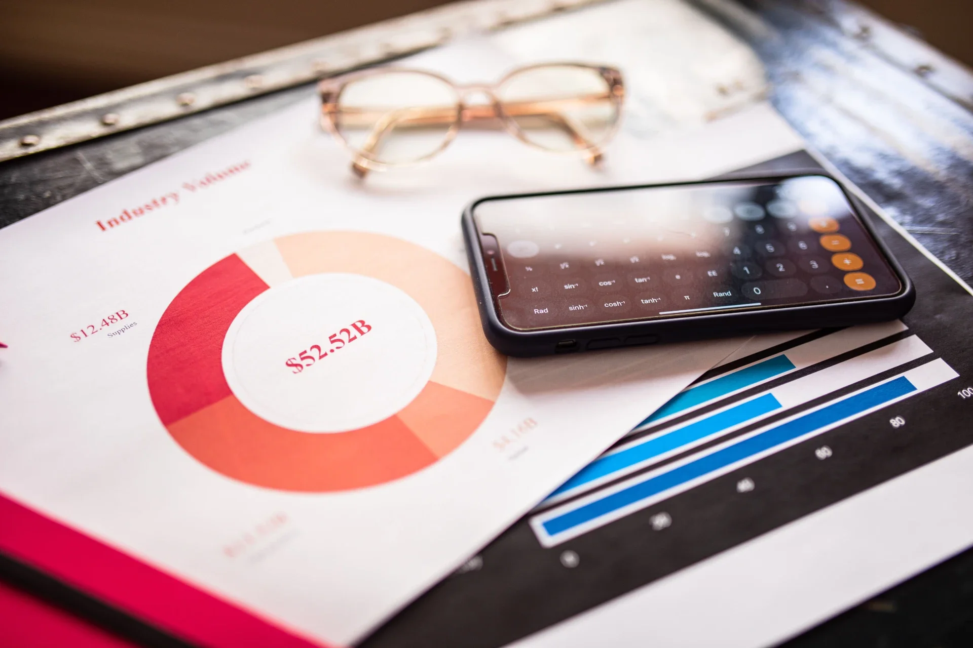 A smartphone displaying calculator app placed on financial documents, a pair of glasses resting on papers, and charts showing financial data, all on a dark surface.
