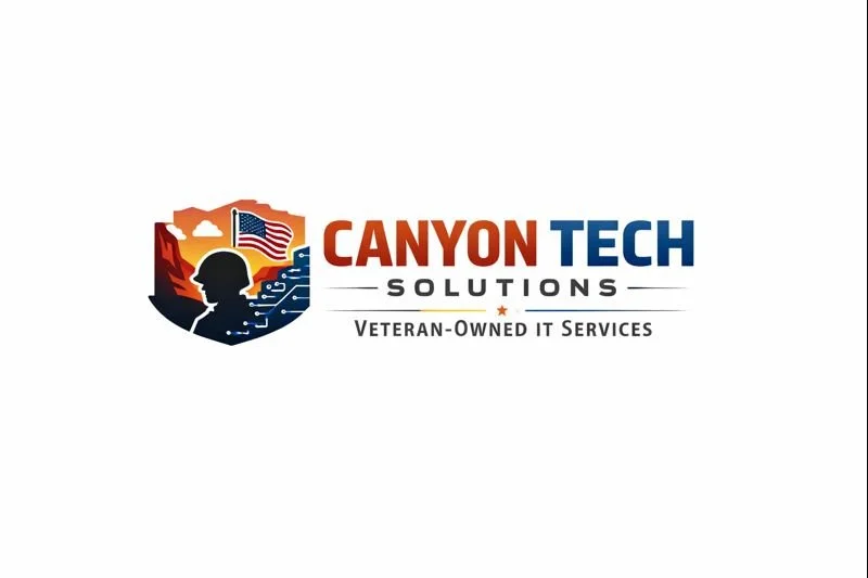 Logo of Canyon Tech Solutions with an illustration of a soldier's silhouette, an American flag, and a scenic background, along with text indicating veteran-owned IT services.