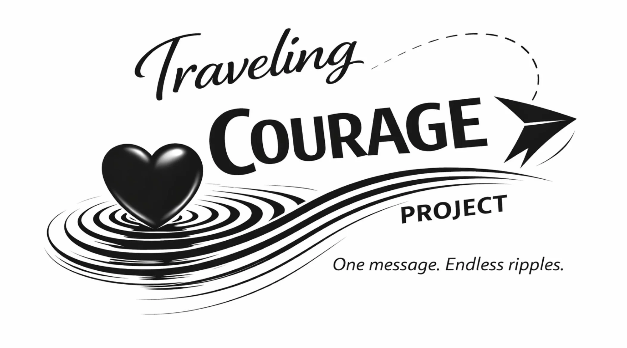 Black heart on rippling water with a paper airplane flying above, surrounded by words "Traveling Courage Project" and the phrase "One message. Endless ripples."