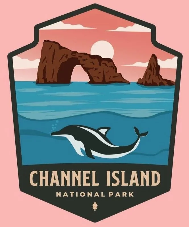 The image shows a logo of Channel Island National Park with an illustration of a whale jumping out of the water in front of a rocky island with an arch and a smaller rock formation, set against a pink sunset sky.