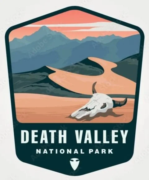 An illustration of Death Valley National Park with mountains, a desert landscape, a winding road, and a cow skull in the foreground.