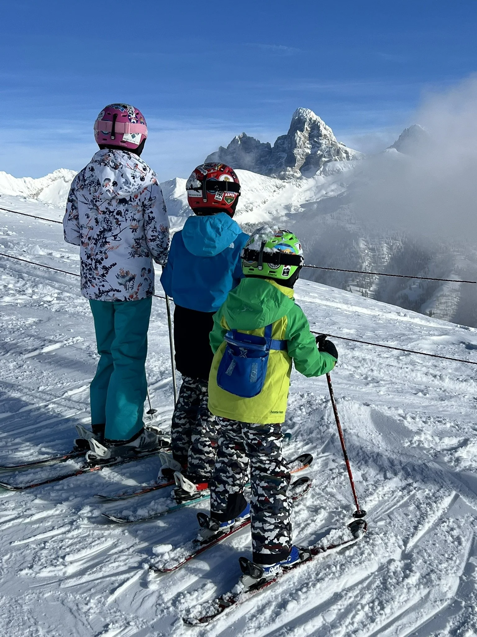 Three children in colorful ski gear standing on snow-covered slopes, looking towards the snowy mountains and peaks in the distance.