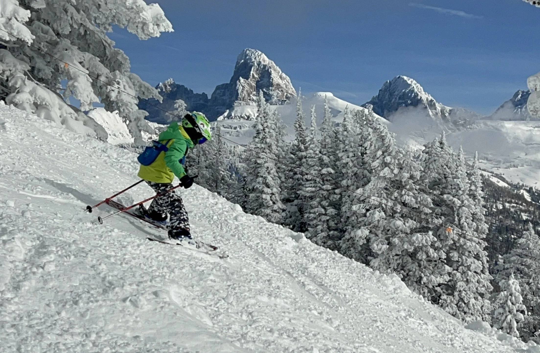 A person skiing down a snowy mountain slope surrounded by snow-covered trees and mountain peaks under a clear blue sky.