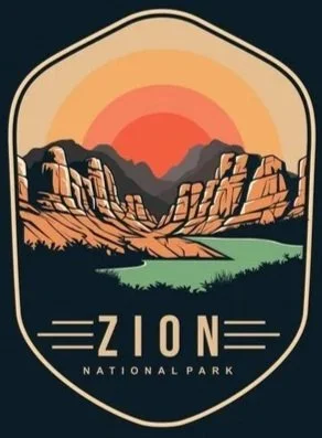 Illustration of a desert landscape with mountains, a river, and sunset, featuring the words 'Zion National Park'